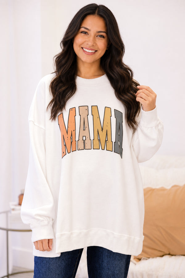 Chic Soul plus size clothing, off white long sleeve mock neck pullover with “Mama” written in fall colored varsity script