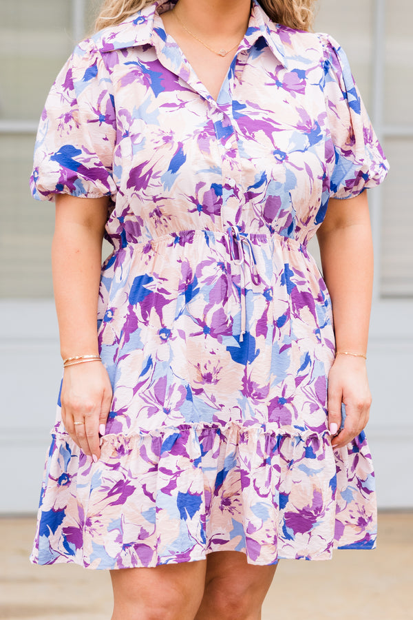 Chic Soul plus size clothing, short sleeve collared eggplant purple dress with purple and blue floral details