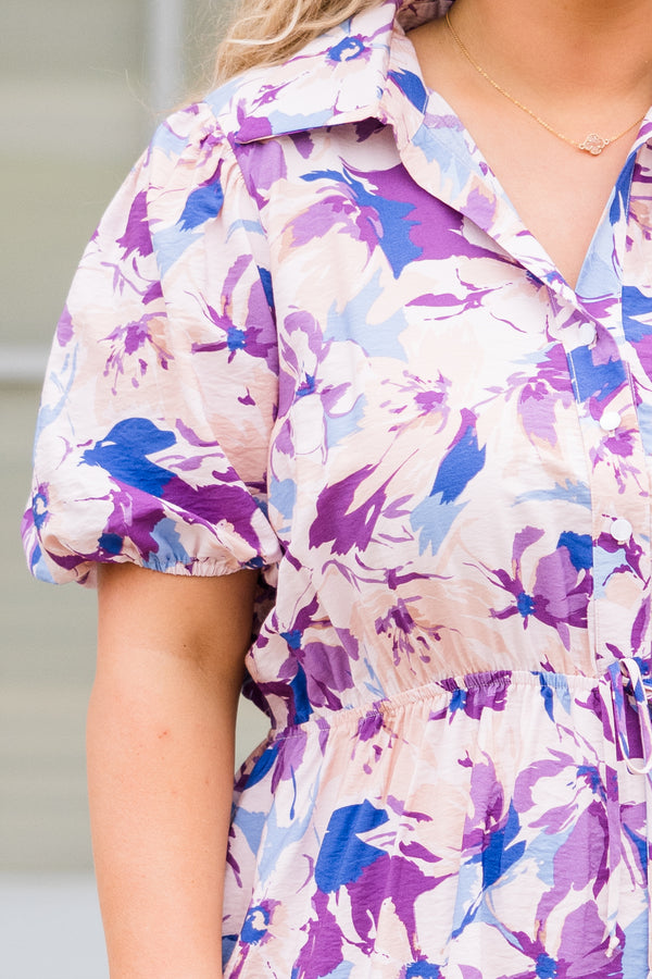 Chic Soul plus size clothing, short sleeve collared eggplant purple dress with purple and blue floral details