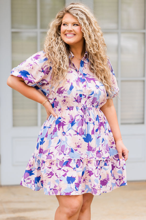 Chic Soul plus size clothing, short sleeve collared eggplant purple dress with purple and blue floral details