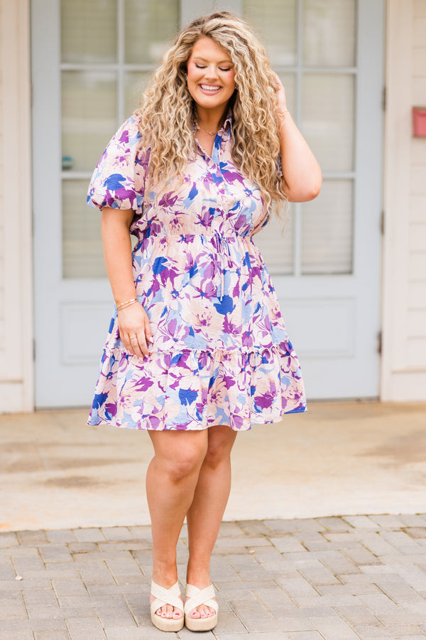 Chic Soul plus size clothing, short sleeve collared eggplant purple dress with purple and blue floral details