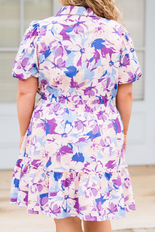 Chic Soul plus size clothing, short sleeve collared eggplant purple dress with purple and blue floral details