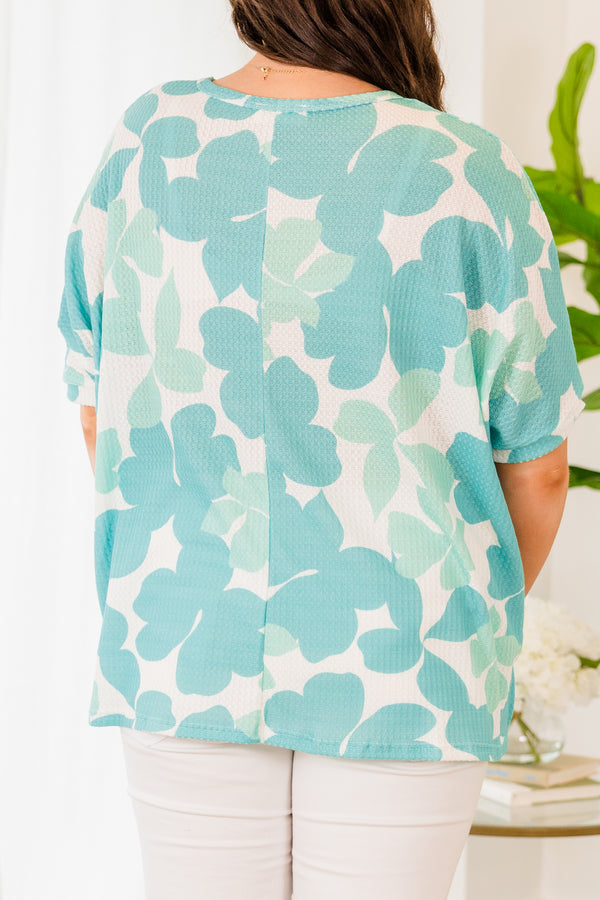 Chic Soul plus size clothing, short sleeve white top with mint green floral pattern