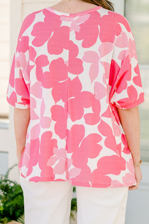 Chic Soul plus size clothing, dark and light pink floral relaxed fit short sleeve top