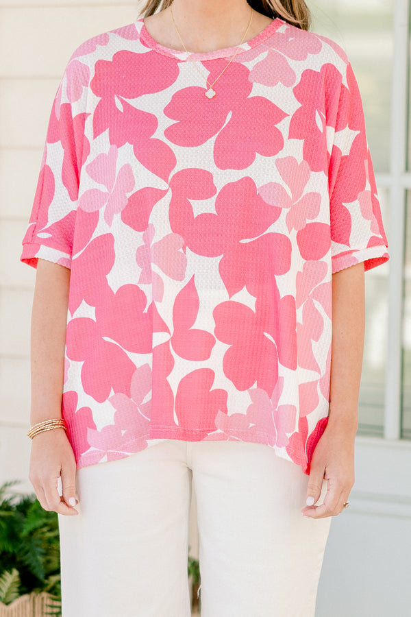 Chic Soul plus size clothing, dark and light pink floral relaxed fit short sleeve top