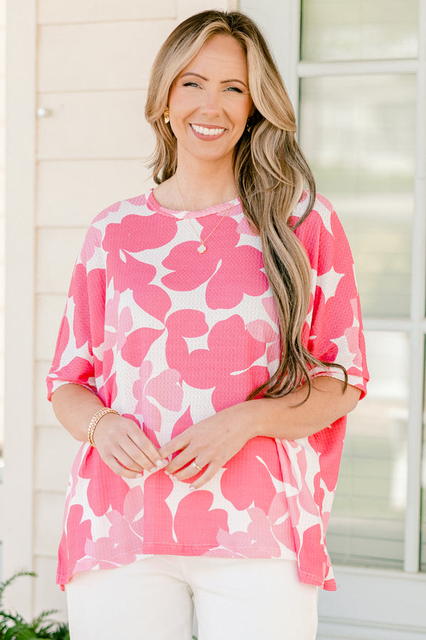 Chic Soul plus size clothing, dark and light pink floral relaxed fit short sleeve top