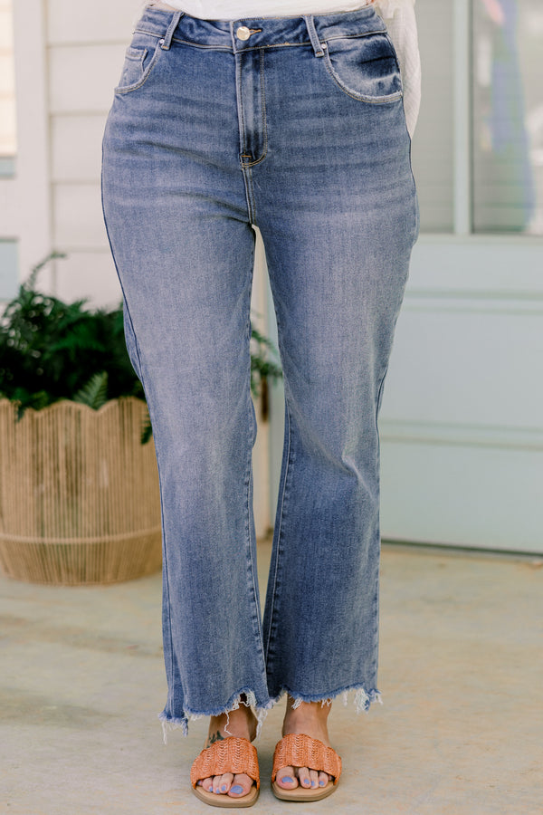 Chic Soul plus size clothing, medium wash straight leg denim jeans with raw distressed hem with no other distressing