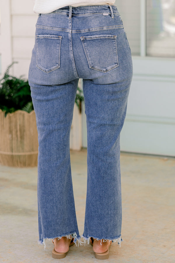 Chic Soul plus size clothing, medium wash straight leg denim jeans with raw distressed hem with no other distressing