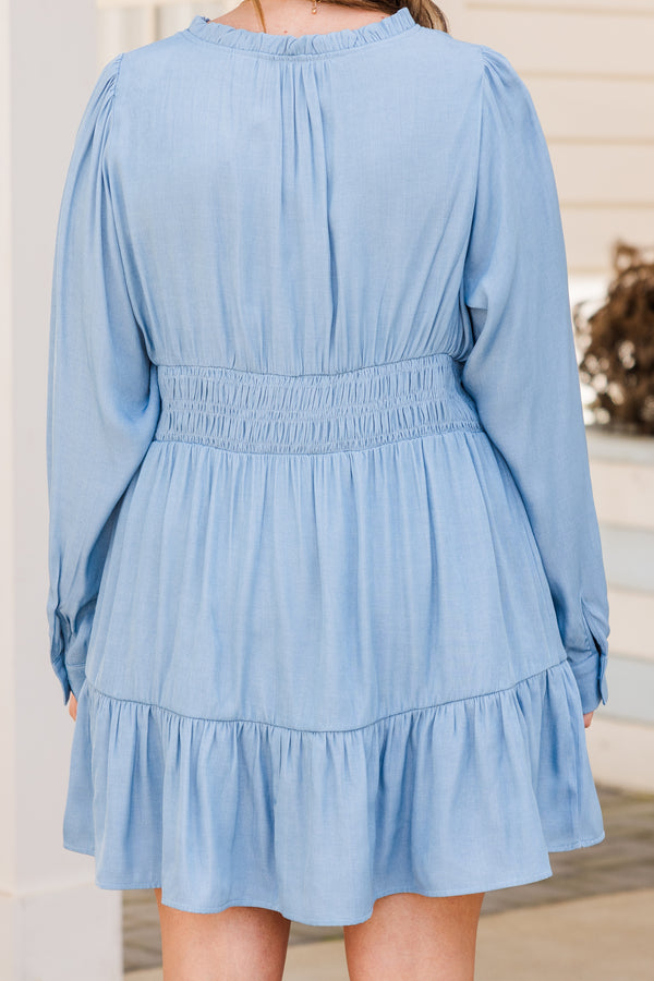Chic Soul plus size clothing, long sleeve blue mini dress with button up detail with synched waist with ruffle detail on skirt