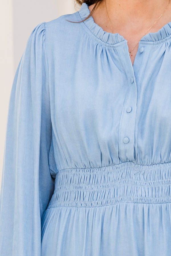 Chic Soul plus size clothing, long sleeve blue mini dress with button up detail with synched waist with ruffle detail on skirt