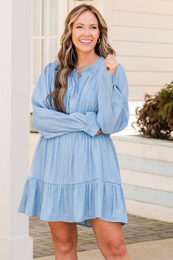 Chic Soul plus size clothing, long sleeve blue mini dress with button up detail with synched waist with ruffle detail on skirt