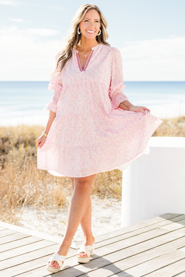 Chic Soul plus size clothing, puffed-quarter-sleeve pink ruffled light pink dress with a split-v-neckline and a geometric watercolor pattern
