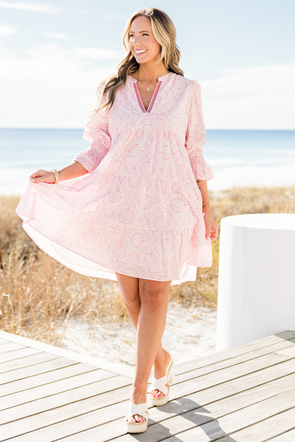 Chic Soul plus size clothing, puffed-quarter-sleeve pink ruffled light pink dress with a split-v-neckline and a geometric watercolor pattern