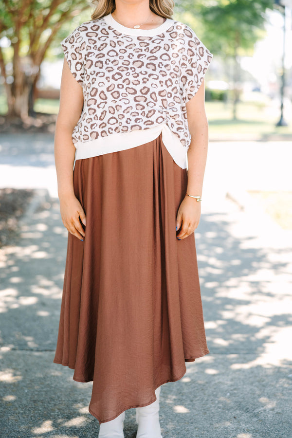 Plus Size brown midi dress with a leopard print short sleeve sweater overlay.