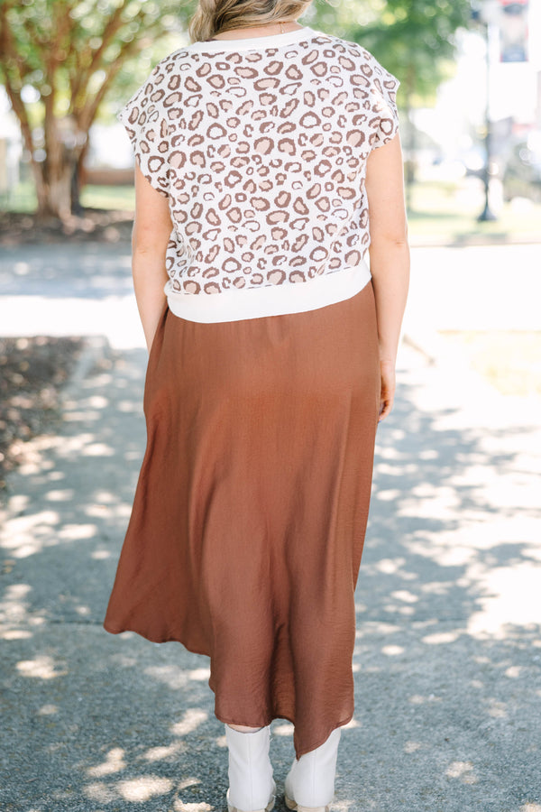Plus Size brown midi dress with a leopard print short sleeve sweater overlay.