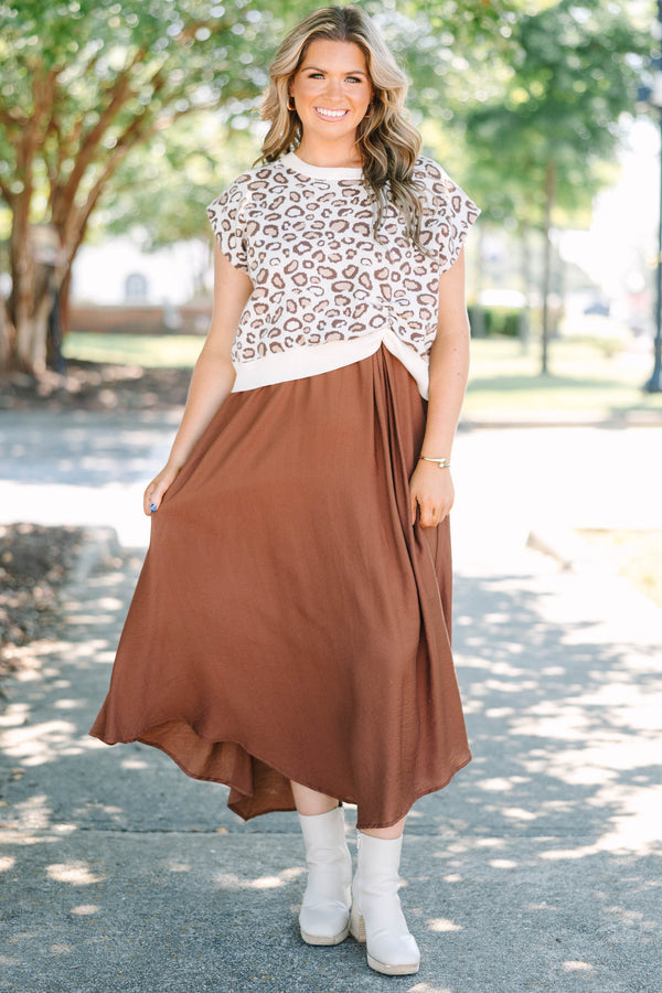 Plus Size brown midi dress with a leopard print short sleeve sweater overlay.
