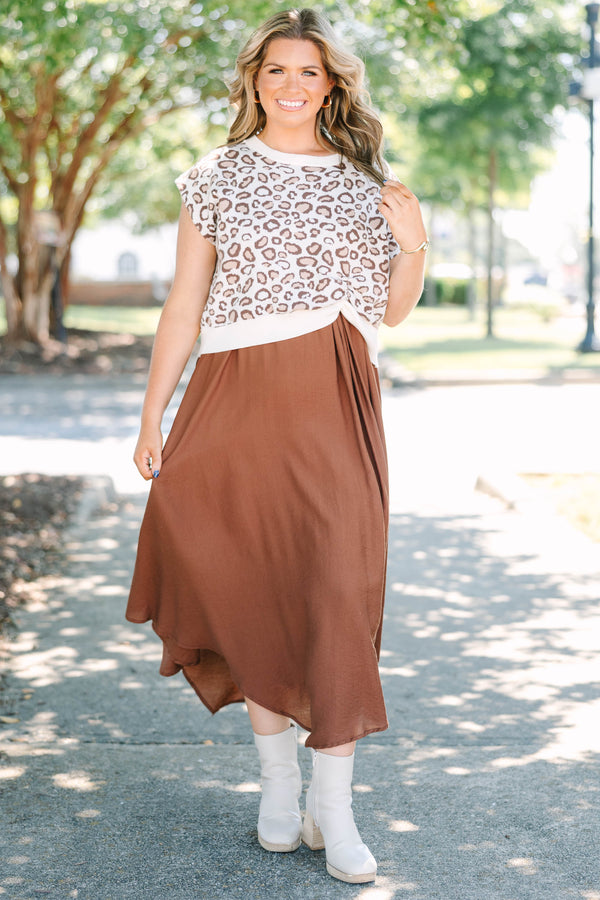 Plus Size brown midi dress with a leopard print short sleeve sweater overlay.