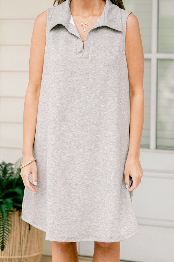 Chic Soul plus size clothing, sleeveless heather grey short dress with a collar and a split-v-neckline