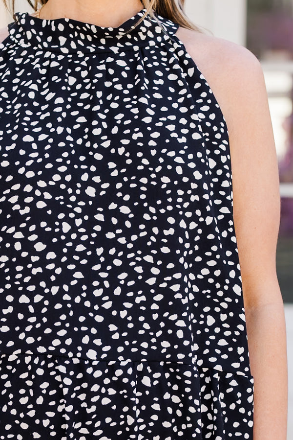 Chic Soul plus size clothing, black short dress with white polka dots and halter neck