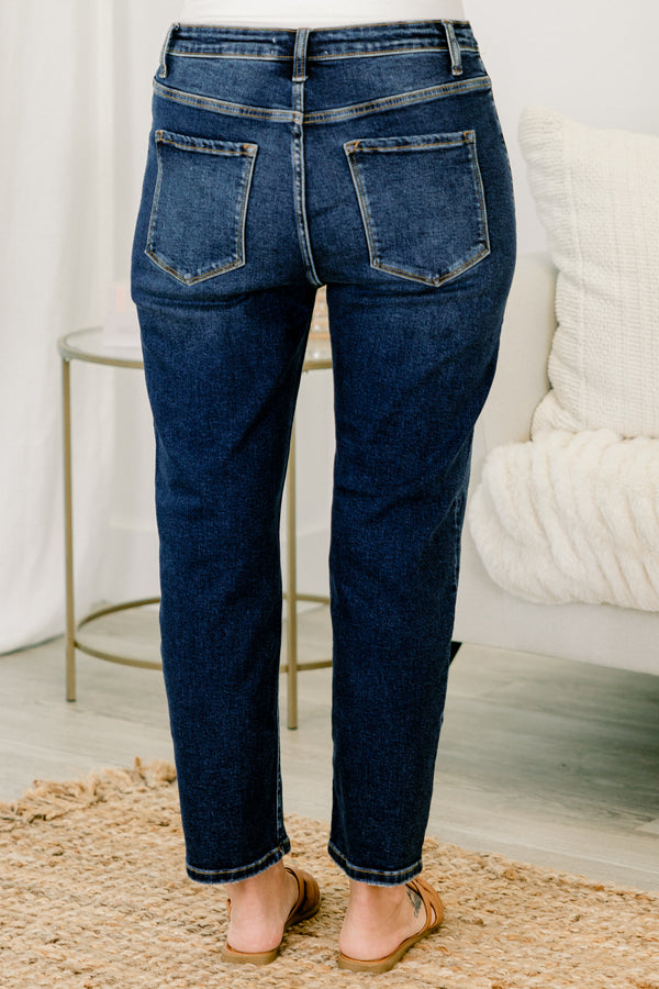 Chic Soul plus size clothing, dark wash jeans that have front and back pockets as well as a straight fit 