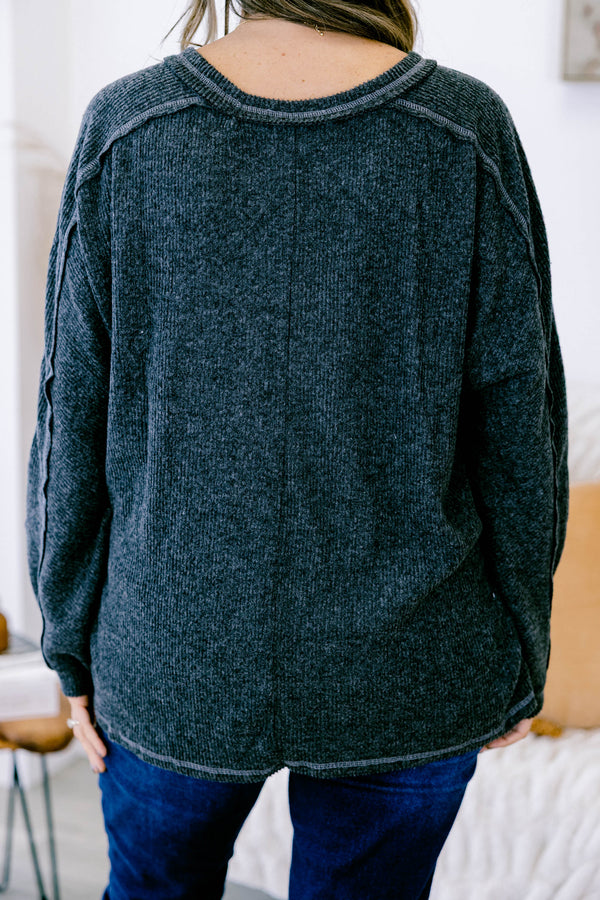Chic Soul plus size clothing, heather black long sleeve crewneck sweater top with light gray stitch details