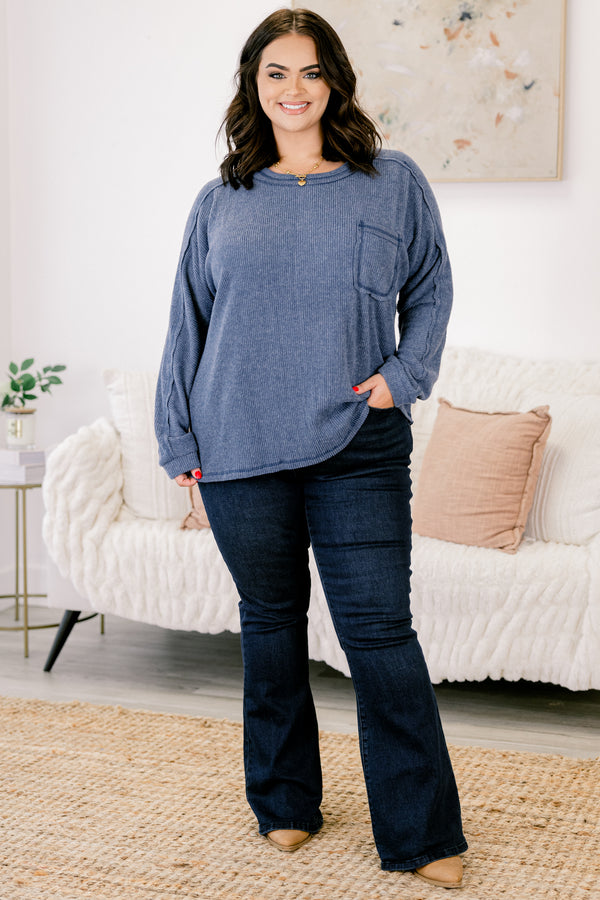 Chic Soul plus size clothing, dusty blue long sleeve crewneck ribbed sweater top with front pocket
