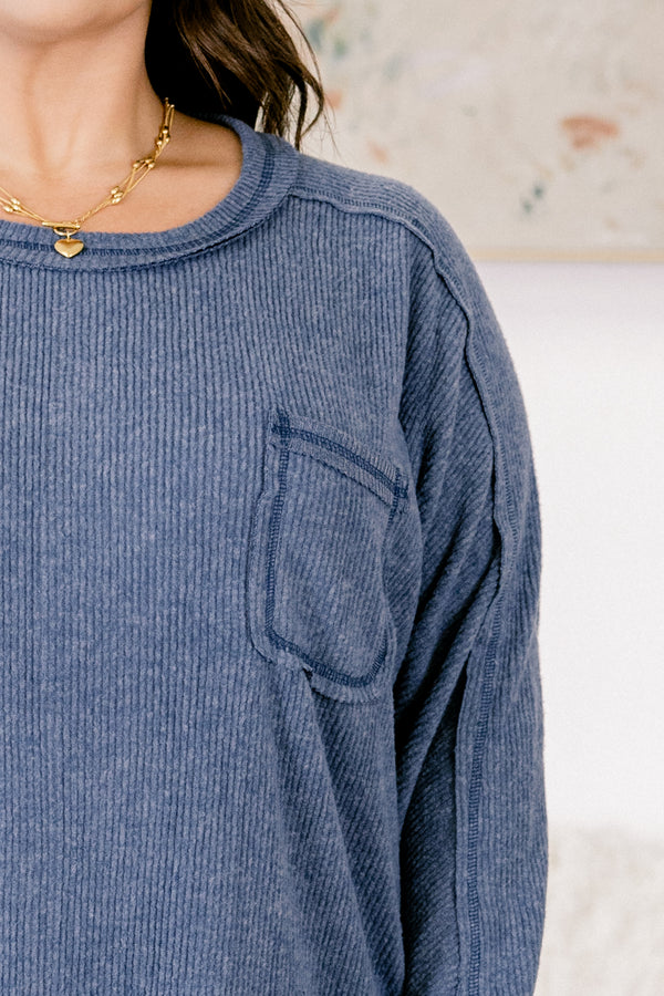 Chic Soul plus size clothing, dusty blue long sleeve crewneck ribbed sweater top with front pocket