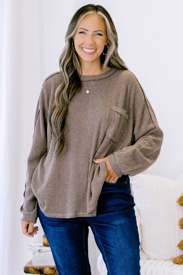 Chic Soul plus size clothing, mocha long sleeve crewneck ribbed sweater top with a front pocket