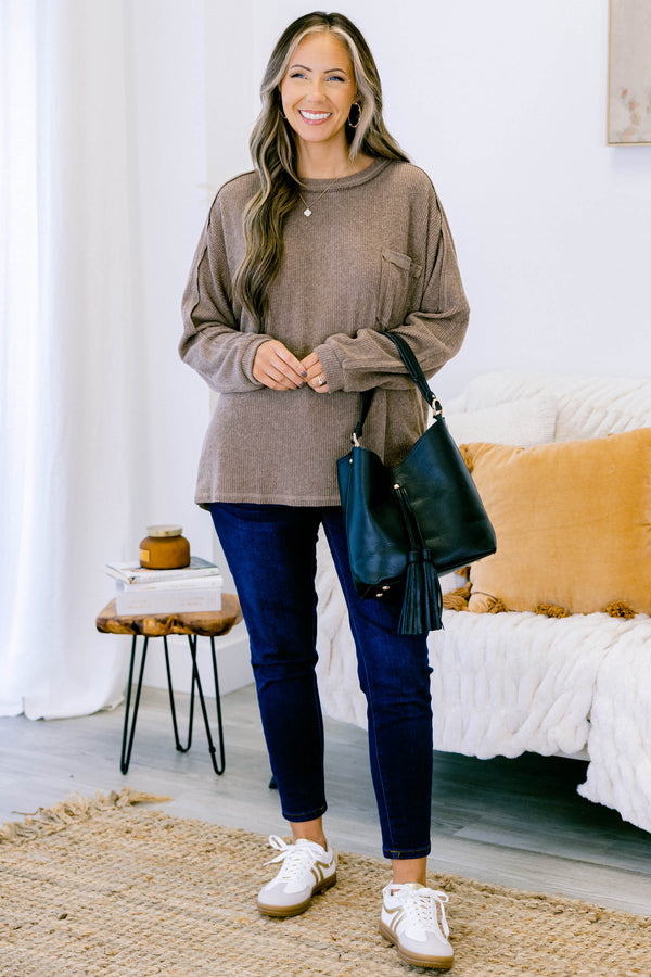 Chic Soul plus size clothing, mocha long sleeve crewneck ribbed sweater top with a front pocket