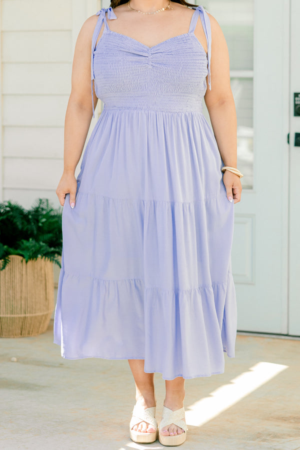 Chic Soul plus size clothing, sky blue midi dress with tiered skirt, bow tie straps, and smocked top