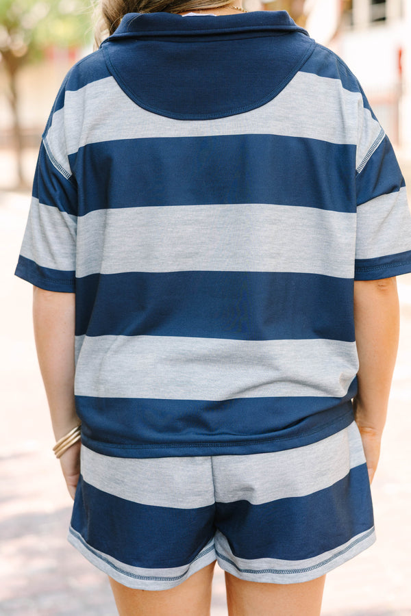 Plus Size navy and grey horizontal striped short sleeve top with a quarter-zip collar.