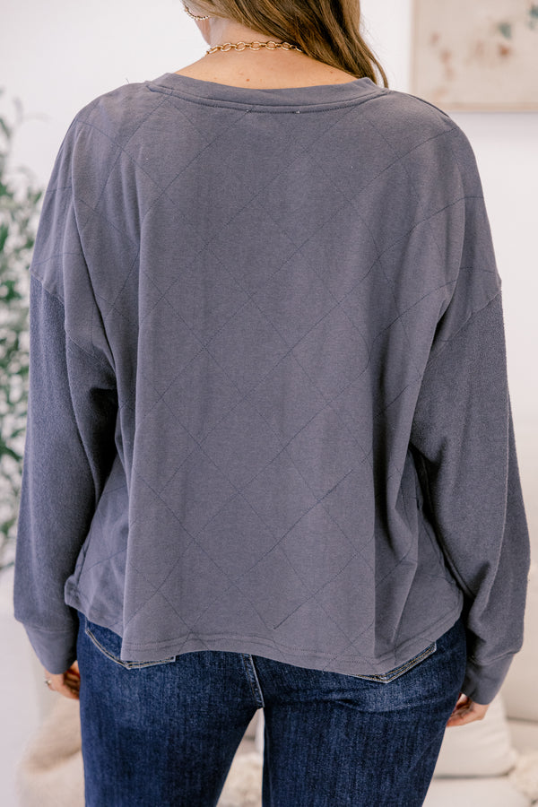 Chic Soul plus size clothing, charcoal grey long sleeve crewneck top with diamond pattern