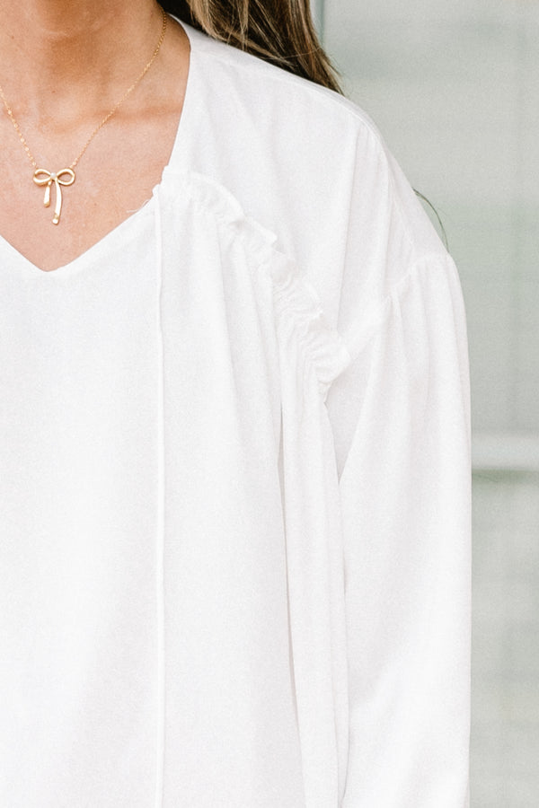 Chic Soul plus size clothing, long sleeve white top with tassel ties 