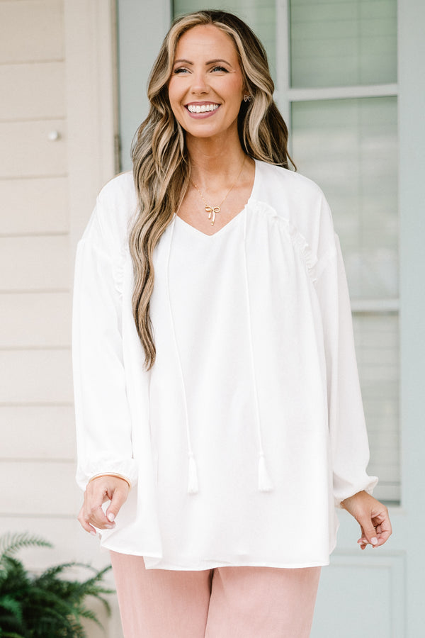 Chic Soul plus size clothing, long sleeve white top with tassel ties 