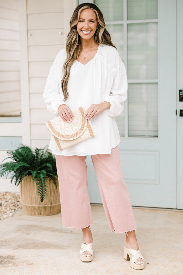 Chic Soul plus size clothing, long sleeve white top with tassel ties 