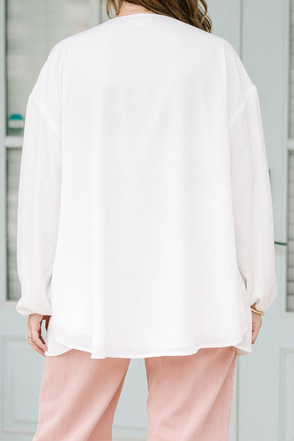 Chic Soul plus size clothing, long sleeve white top with tassel ties 