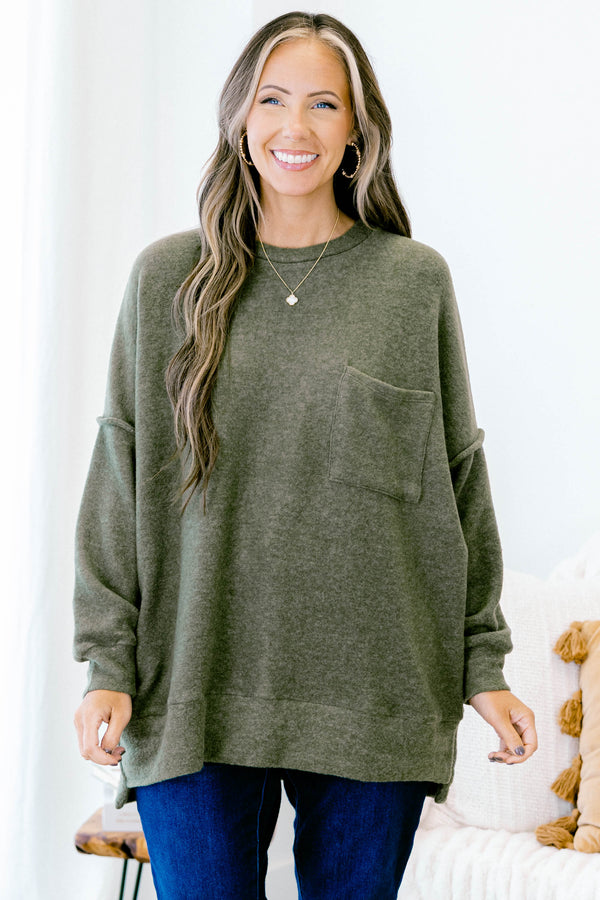 Chic Soul plus size clothing, dark olive long sleeve sweater with  a front pocket 