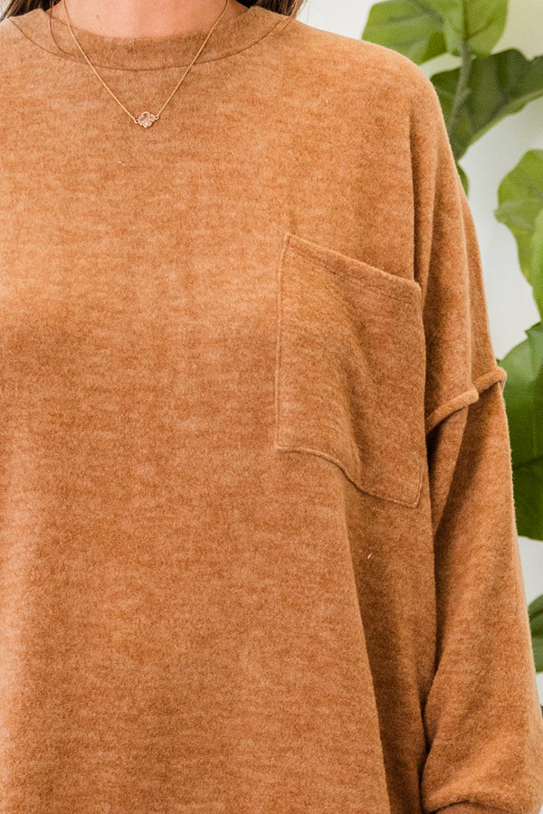 Chic Soul plus size clothing, deep camel long sleeve soft sweater with outer stitching detail with cuff sleeves with round neckline