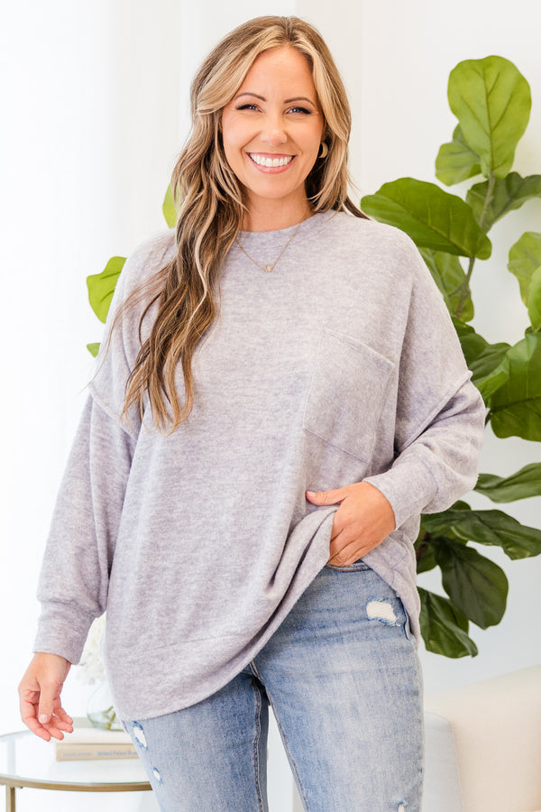 Chic Soul plus size clothing, heather grey long sleeve knit sweater with cuff sleeves and round neckline with chest pocket