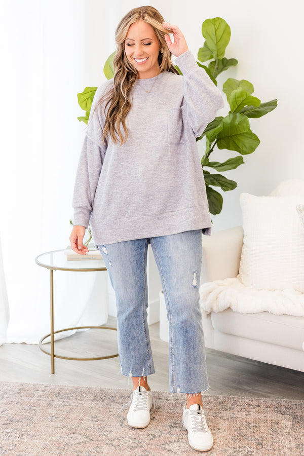 Chic Soul plus size clothing, heather grey long sleeve knit sweater with cuff sleeves and round neckline with chest pocket