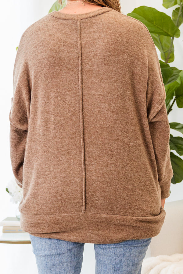Chic Soul plus size clothing, mocha long sleeve soft sweater top with outer stitching detail with round neckline
