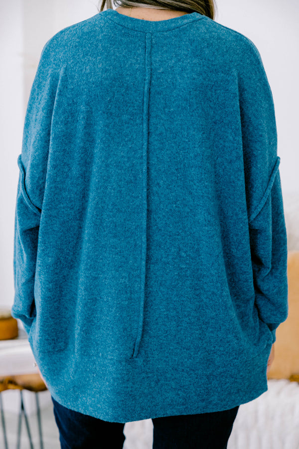 Chic Soul plus size clothing, teal oversized sweater with front pocket