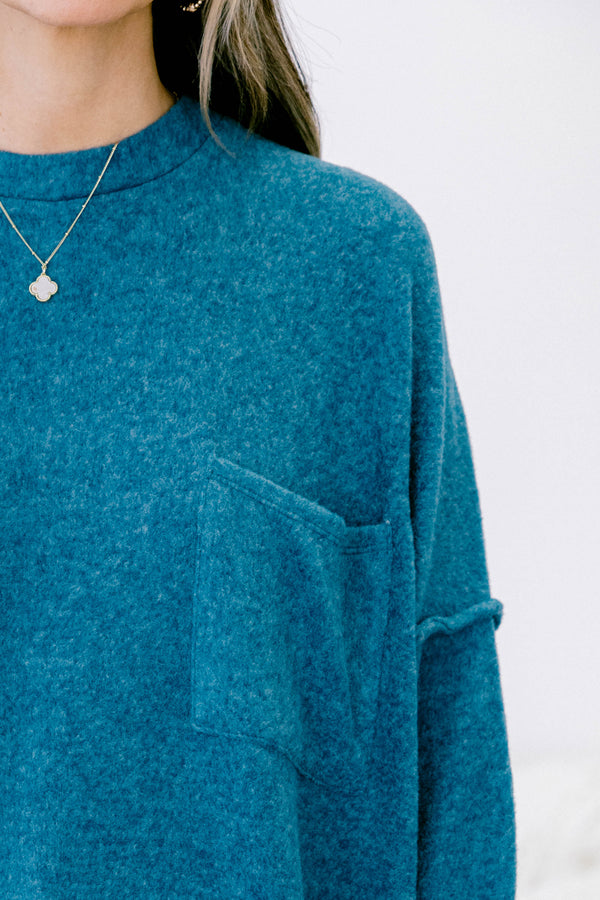 Chic Soul plus size clothing, teal oversized sweater with front pocket