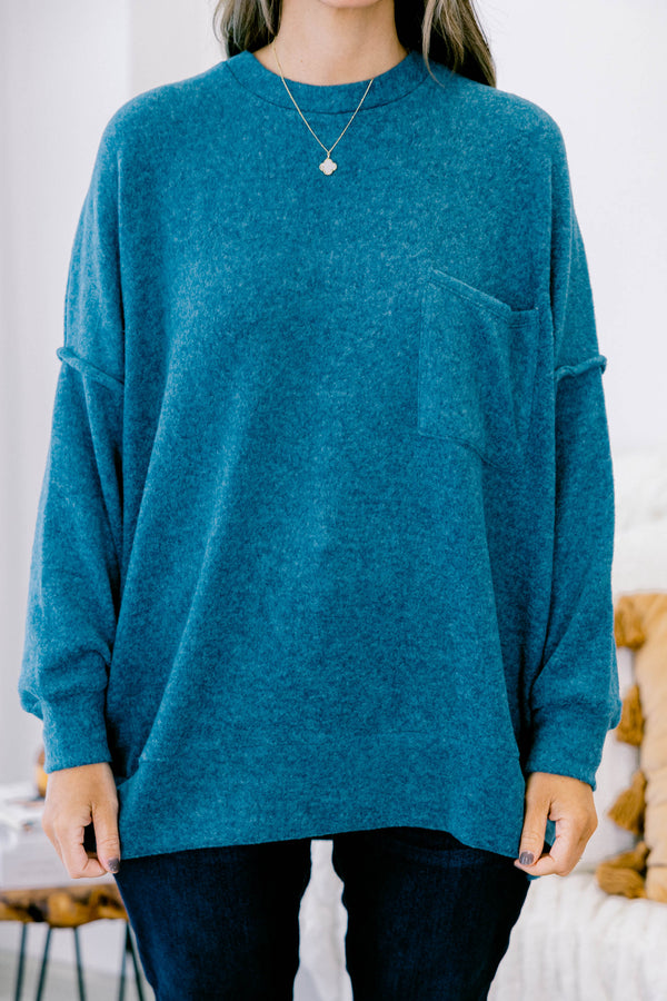 Chic Soul plus size clothing, teal oversized sweater with front pocket