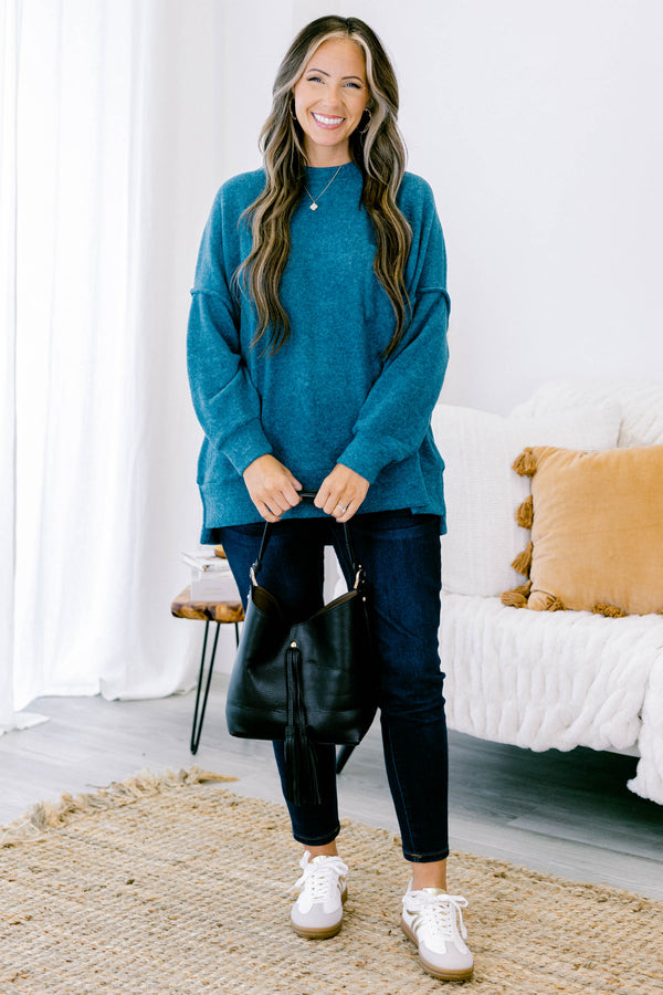 Chic Soul plus size clothing, teal oversized sweater with front pocket