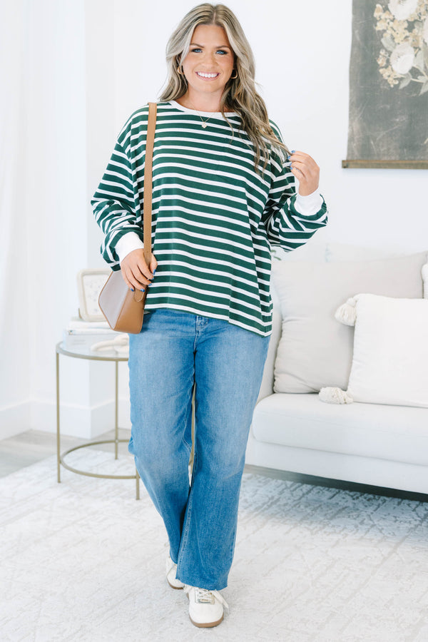 Plus size emerald green and white striped long sleeve cotton top with a relaxed, flowy fit.