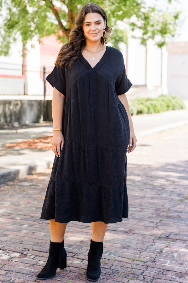 Chic Soul plus size clothing, short sleeve black midi dress with tiered detail with v neckline and raw hem sleeves