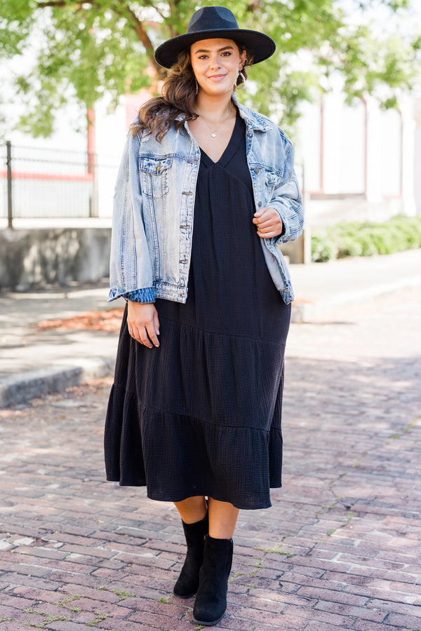 Chic Soul plus size clothing, short sleeve black midi dress with tiered detail with v neckline and raw hem sleeves