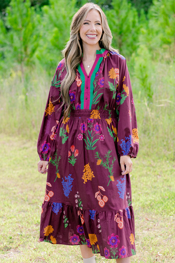 Chic Soul plus size clothing, maroon long sleeve dress with bright multi color floral print
