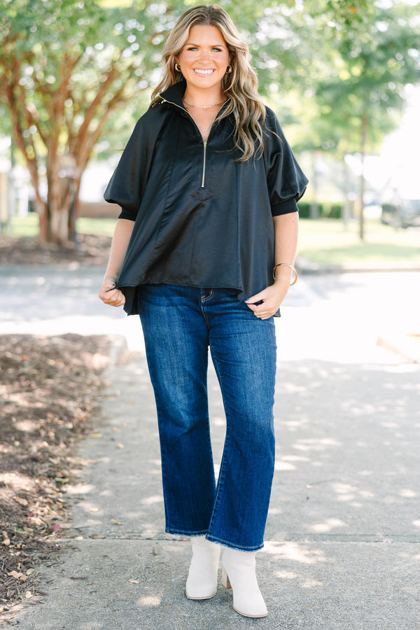 Plus Size black satin-finish top with a half-zip neckline, high collar, and short puff sleeves.